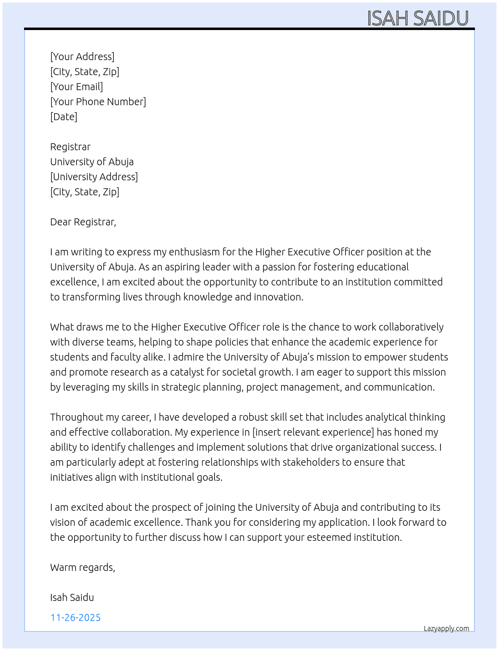 Higher executive officer  At University of Abuja  Cover Letter