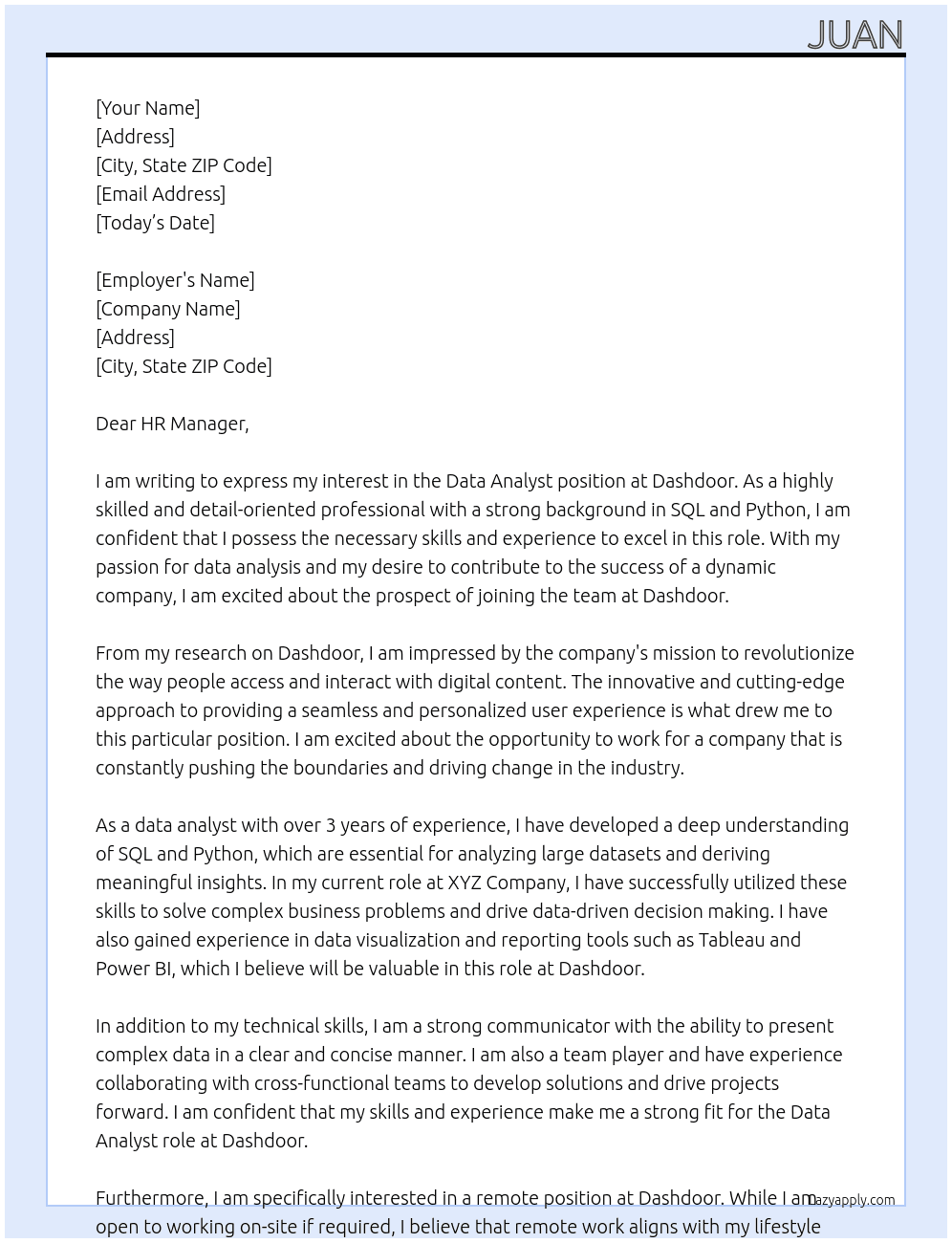 Data Analyst At Dashdoor Cover Letter