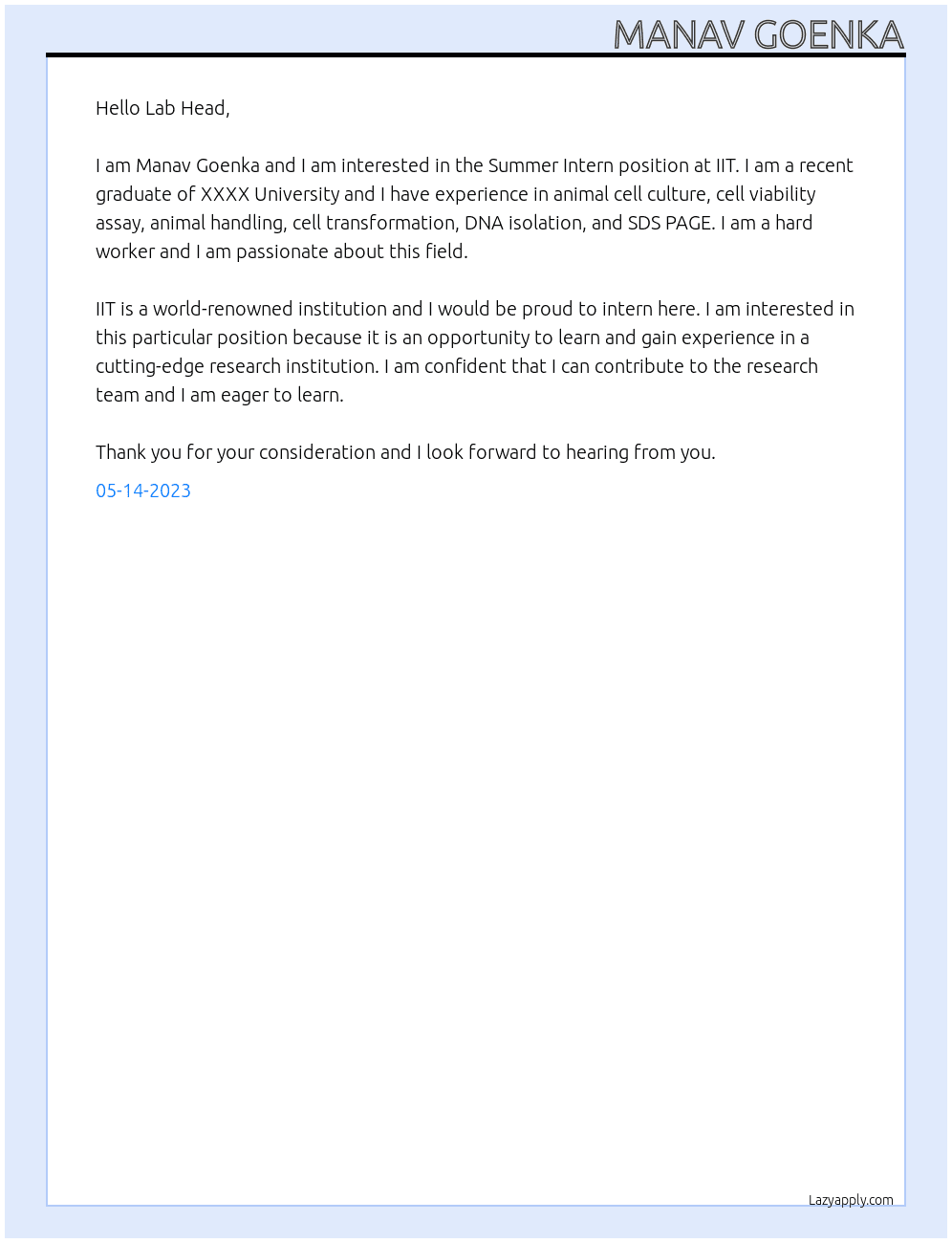 Summer Intern At IIT Cover Letter