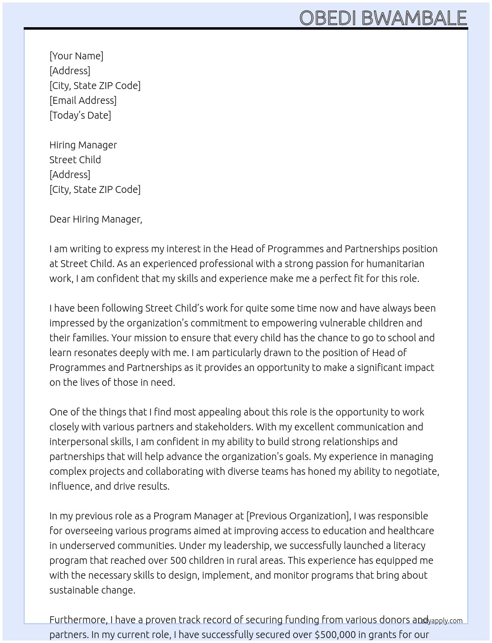Head of Programmes and Partnerships At Street Child Cover Letter