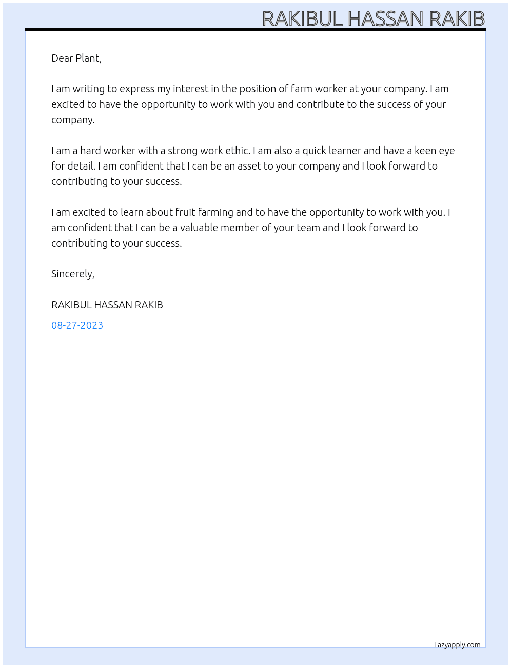 Farm worker At Fruit farming labourer Cover Letter