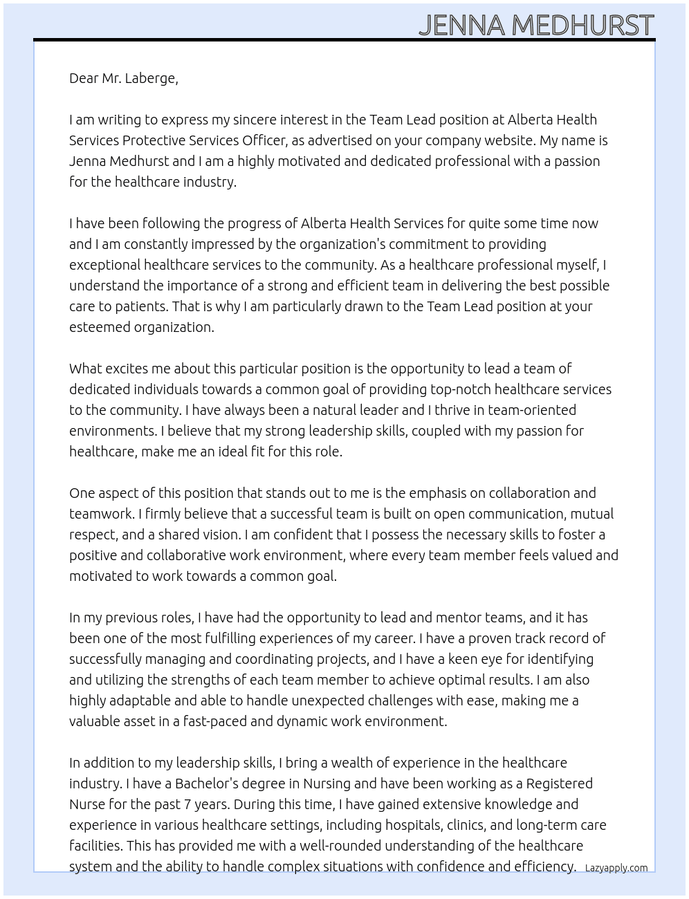 Team Lead At Alberta Health Service Protective Services Officer Cover Letter