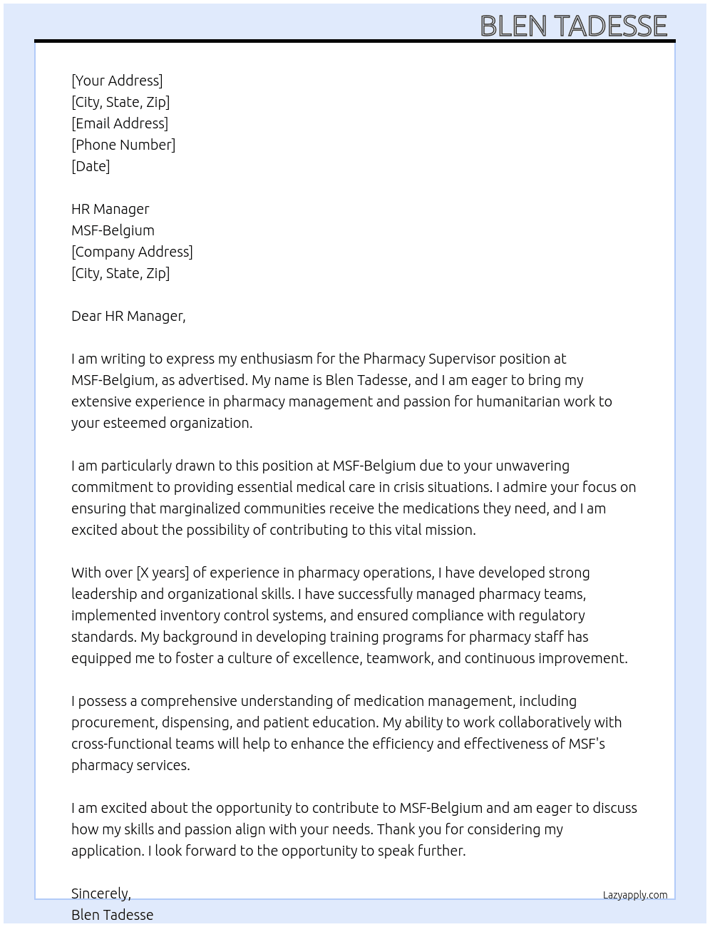 Pharmacy supervisor  At MSF-Belgium  Cover Letter