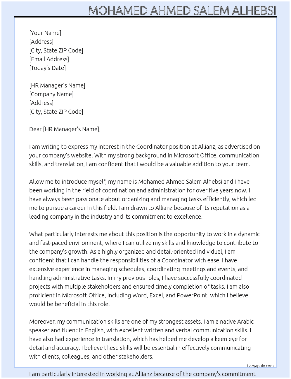 Coordinator  At Allianz Cover Letter