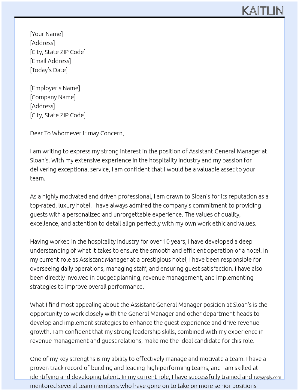 Assistant General Manager At Sloan's Cover Letter
