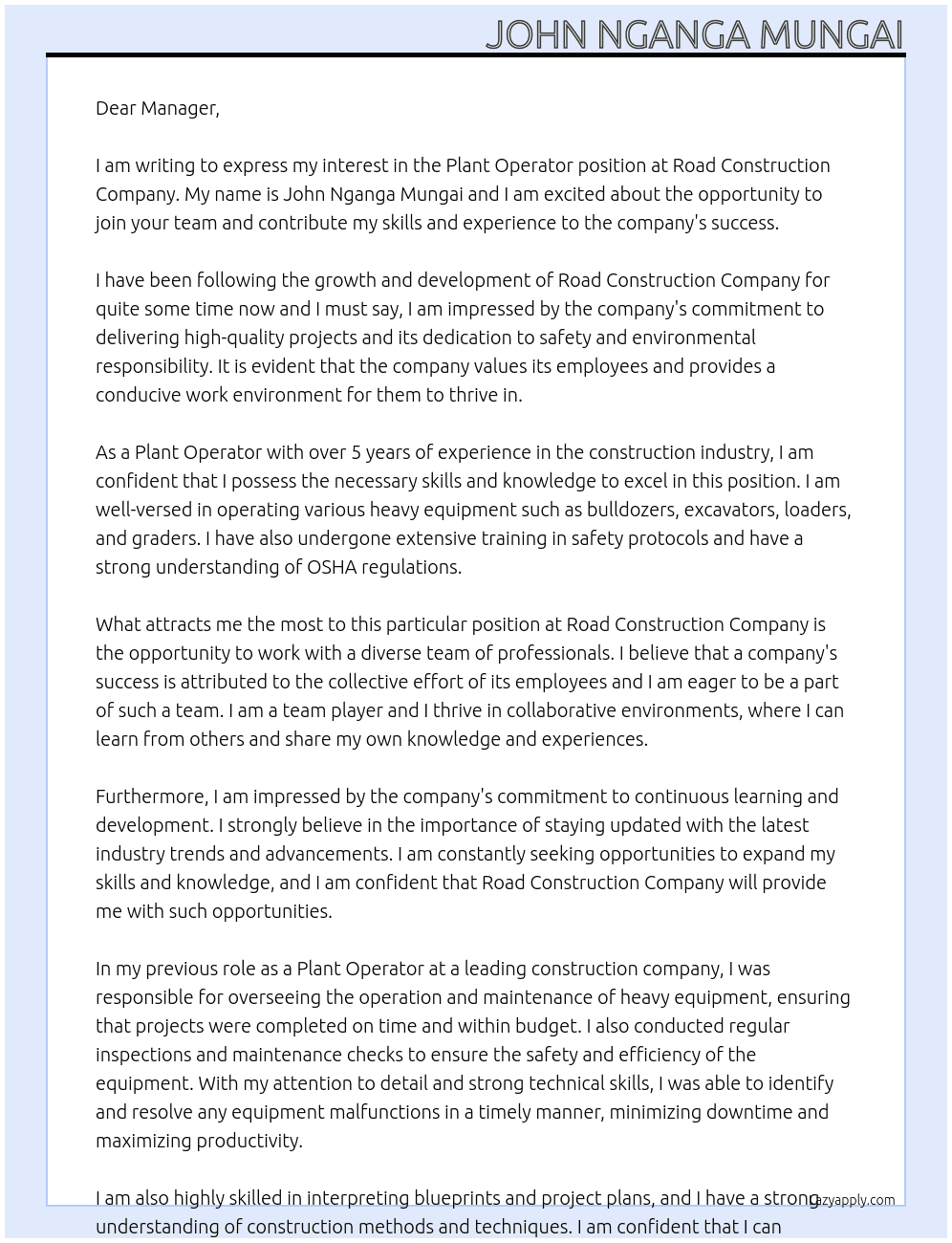 Plant operator At Road construction company Cover Letter