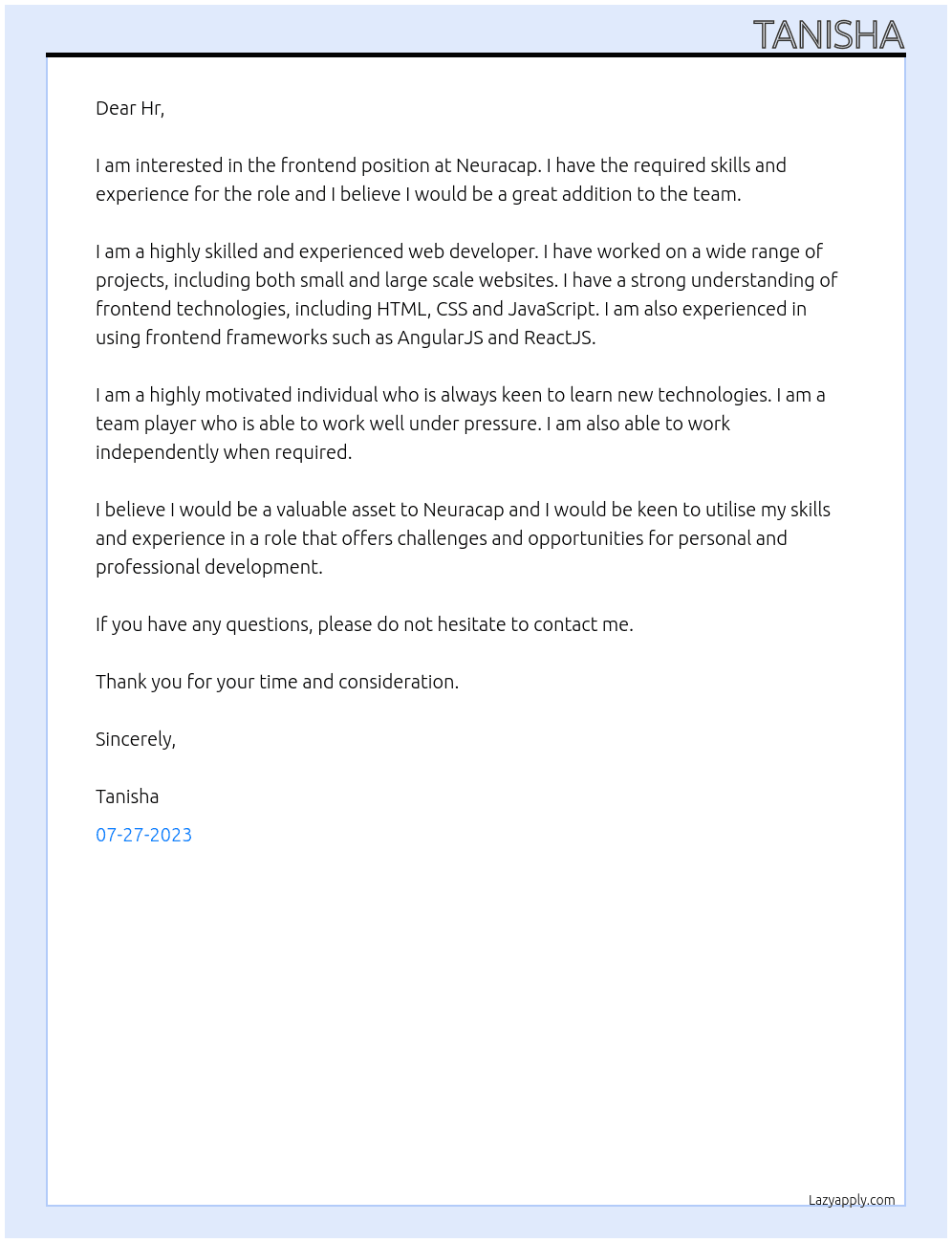 Frontend At Neuracap Cover Letter