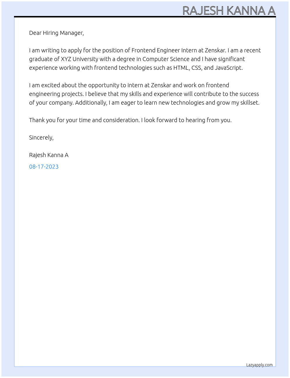 Frontend Engineer Intern At Zenskar Cover Letter
