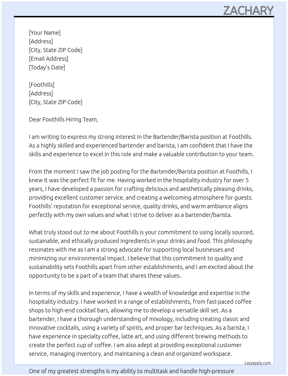 Bartender/barista At Foothills Cover Letter