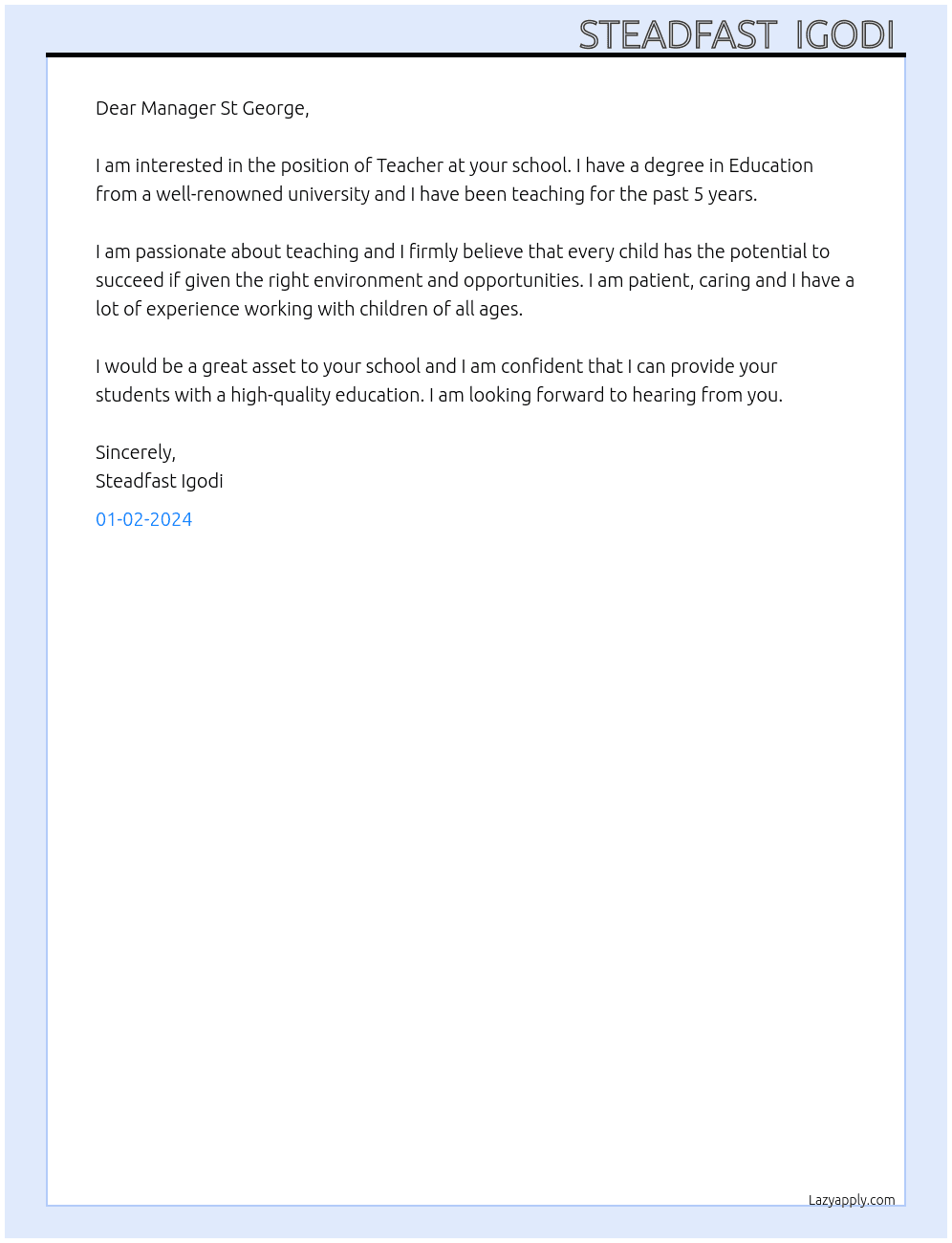 Teacher  At St George international school,  Luxembourg  Cover Letter