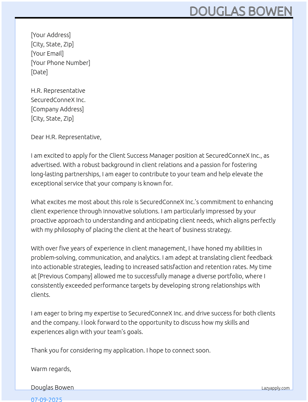 Cover letter for client success manager - LazyApply