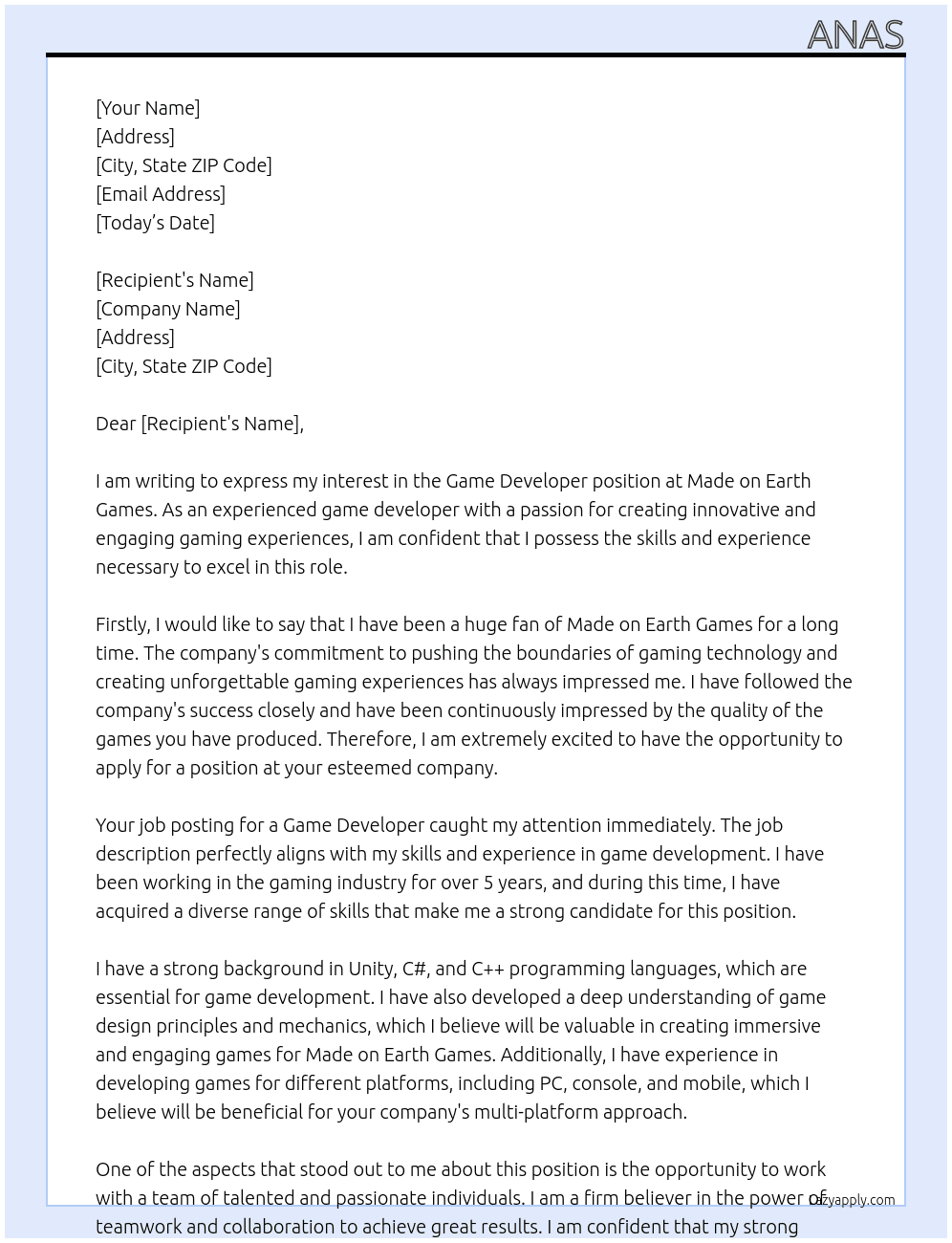 Game Developer At Made on Earth Games Cover Letter
