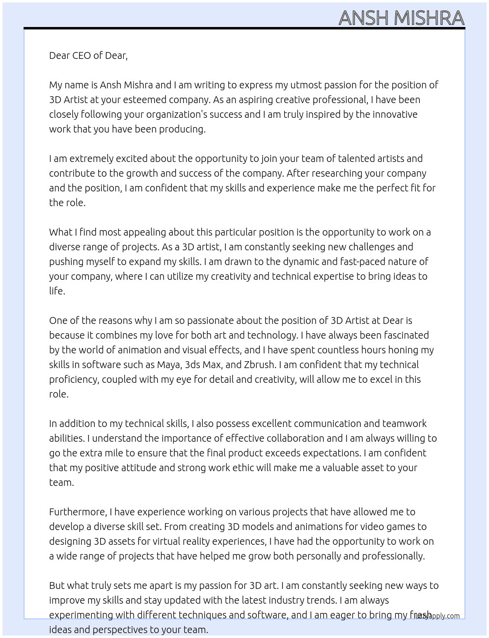 3d artist At dear Cover Letter