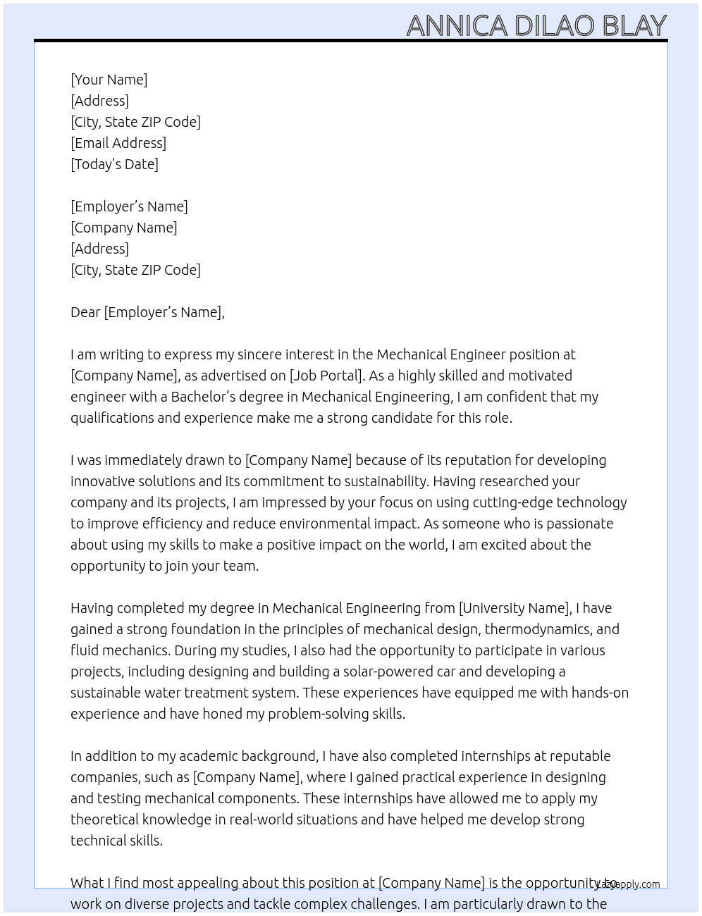 machanical engineer At Student Cover Letter
