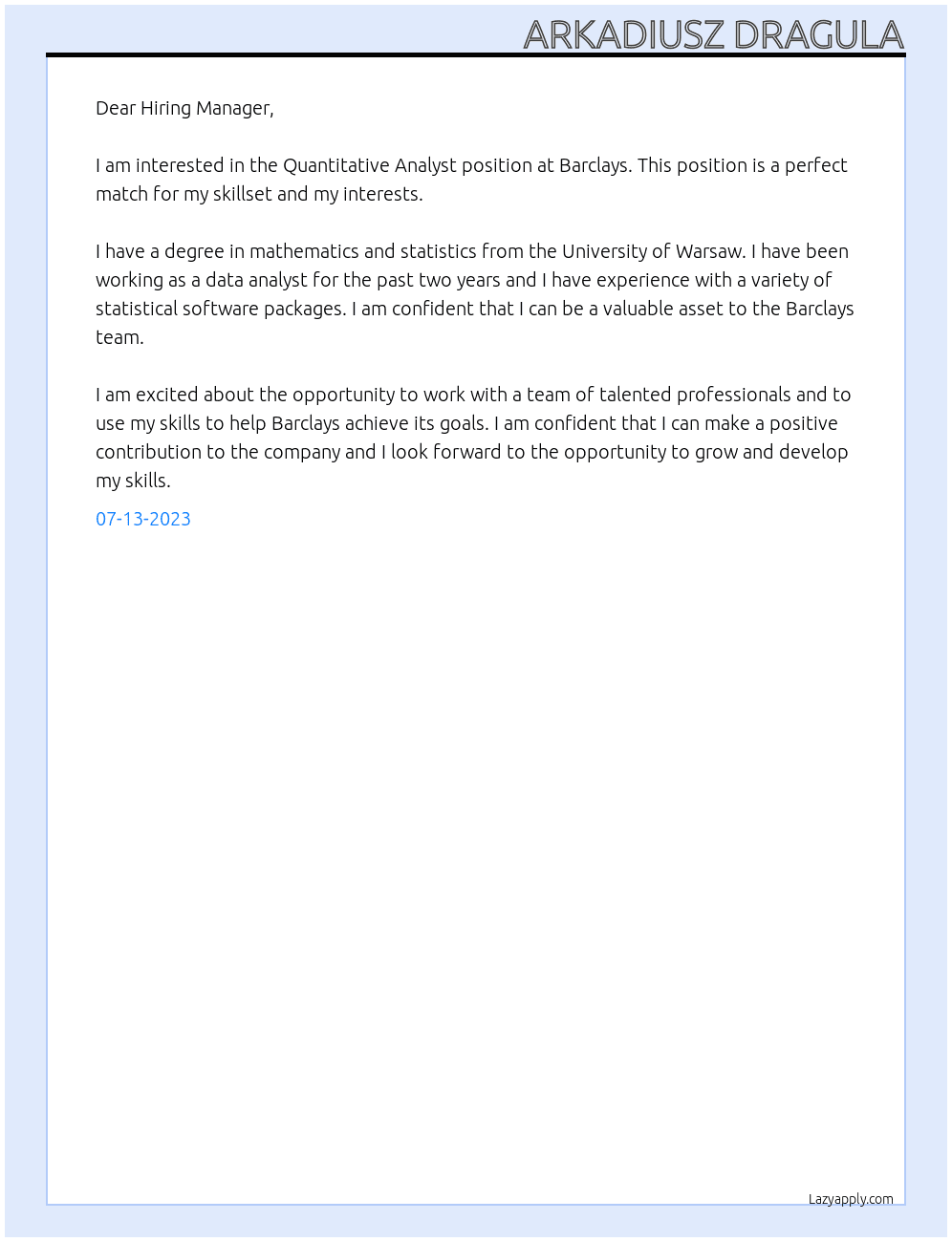 Quantitative Analyst At Barclays Cover Letter