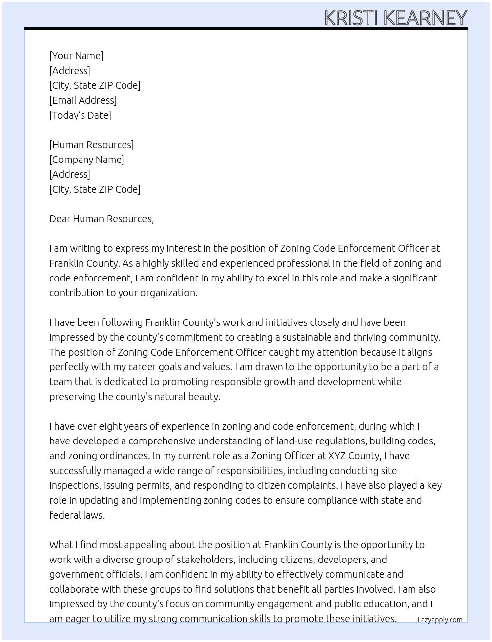 Cover letter for zoning code enforcement officer - LazyApply