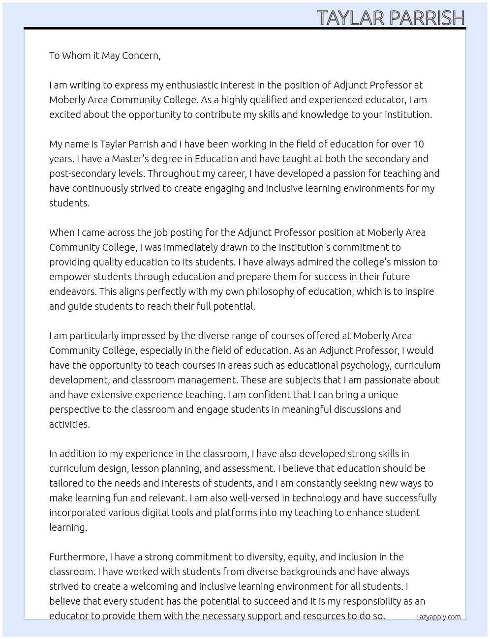 Adjunct Professor  At Moberly Area Community College  Cover Letter
