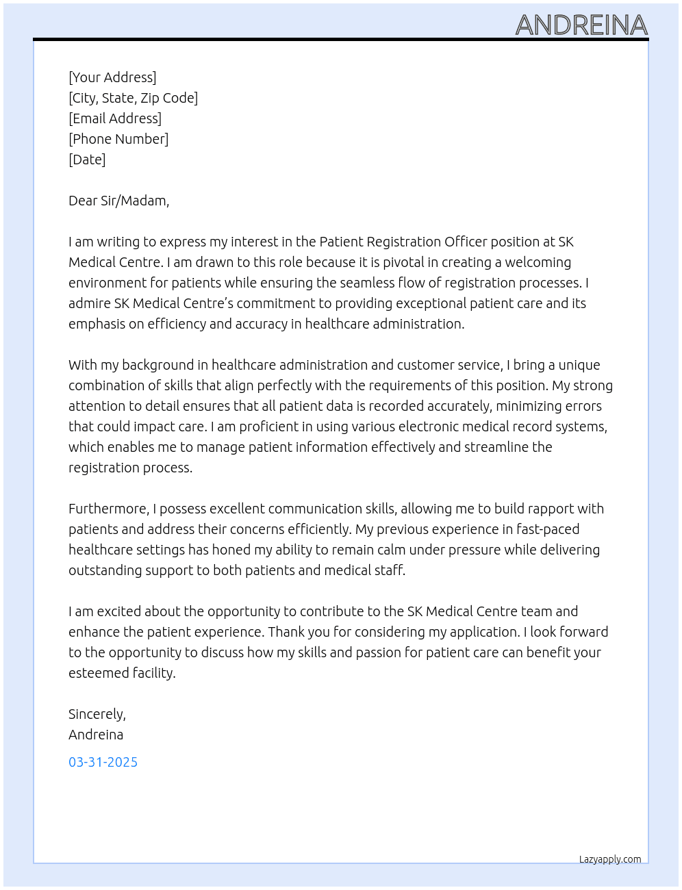 Patient Registration Officer At SK MEdical Centre Cover Letter