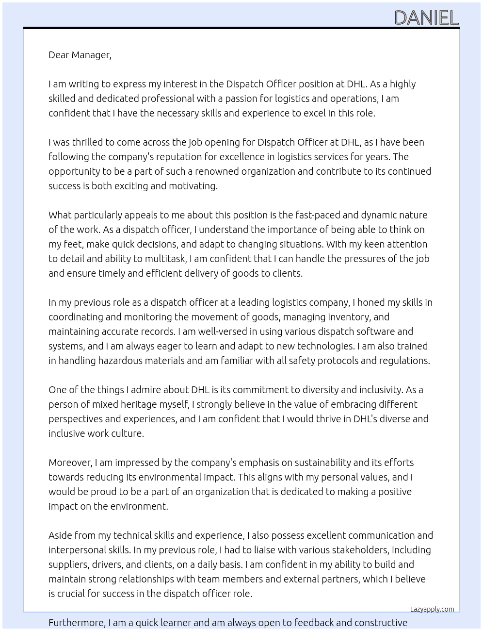 Dispatch officer At Dhl Cover Letter