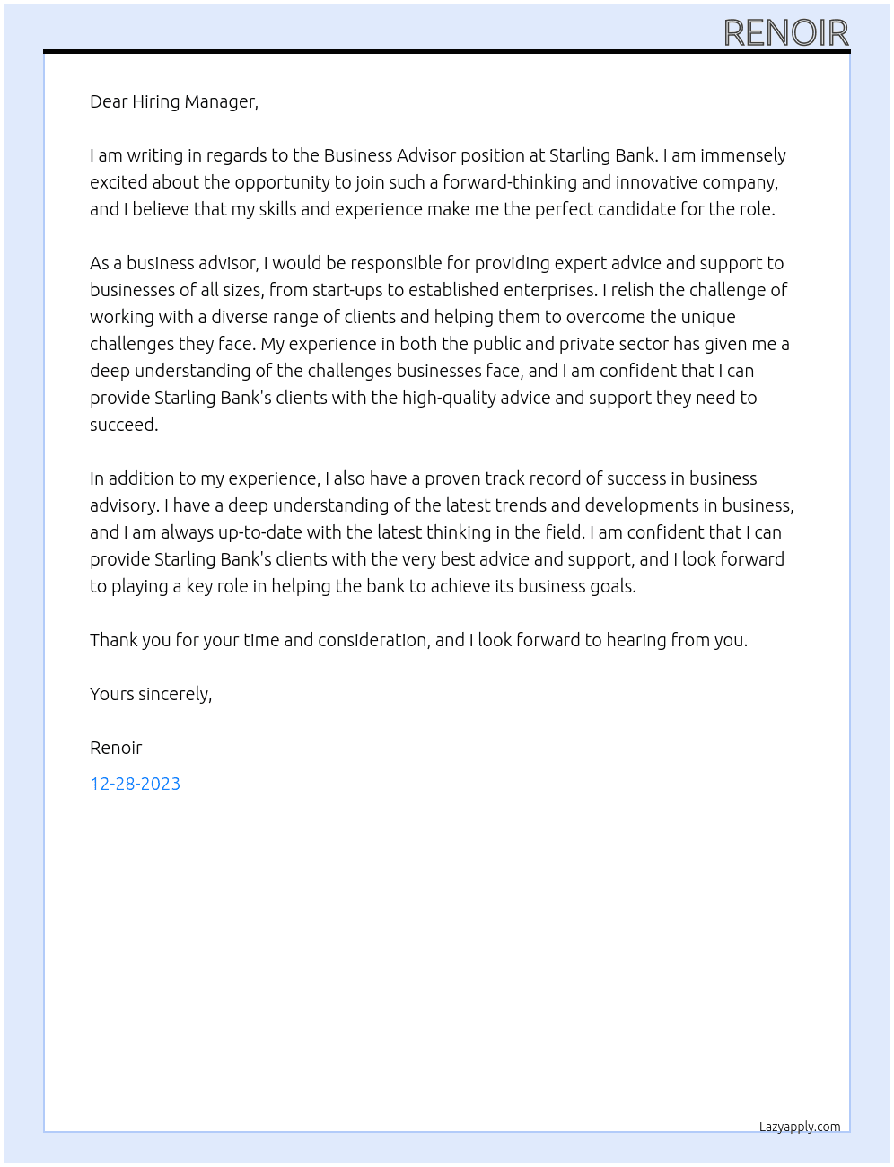 Business Advisor At Starling Bank Cover Letter