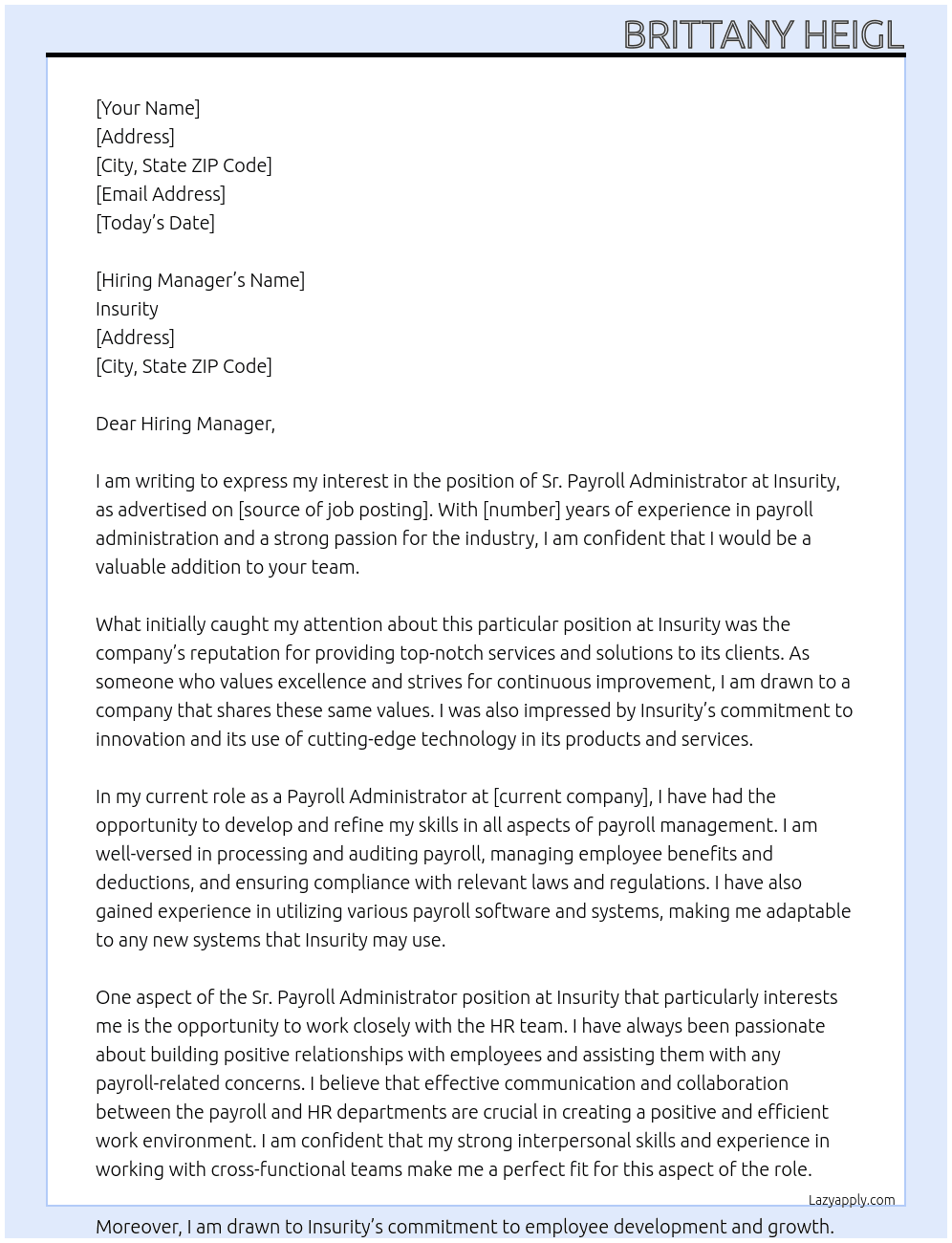 Sr. Payroll Administrator At Insurity Cover Letter