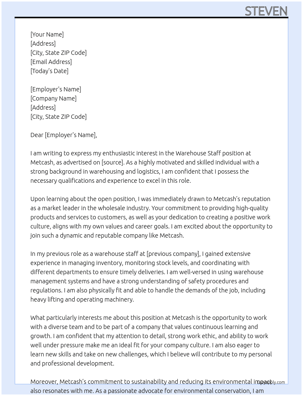 warehouse stuff At metcash Cover Letter