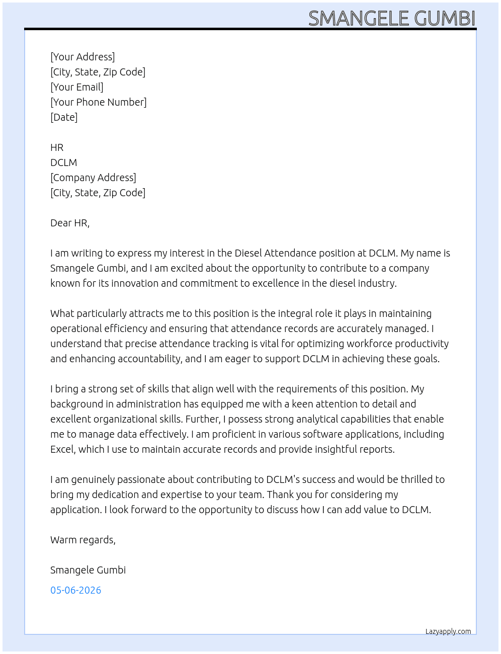 Disiel attendance  At Dclm Cover Letter