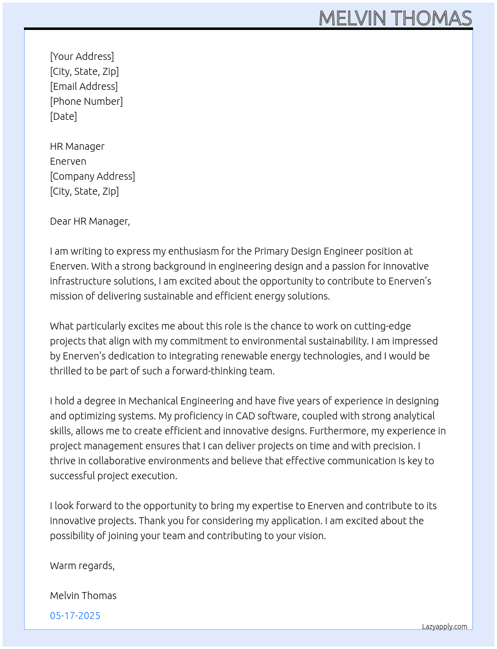 Primary Design Engineer At Enerven Cover Letter