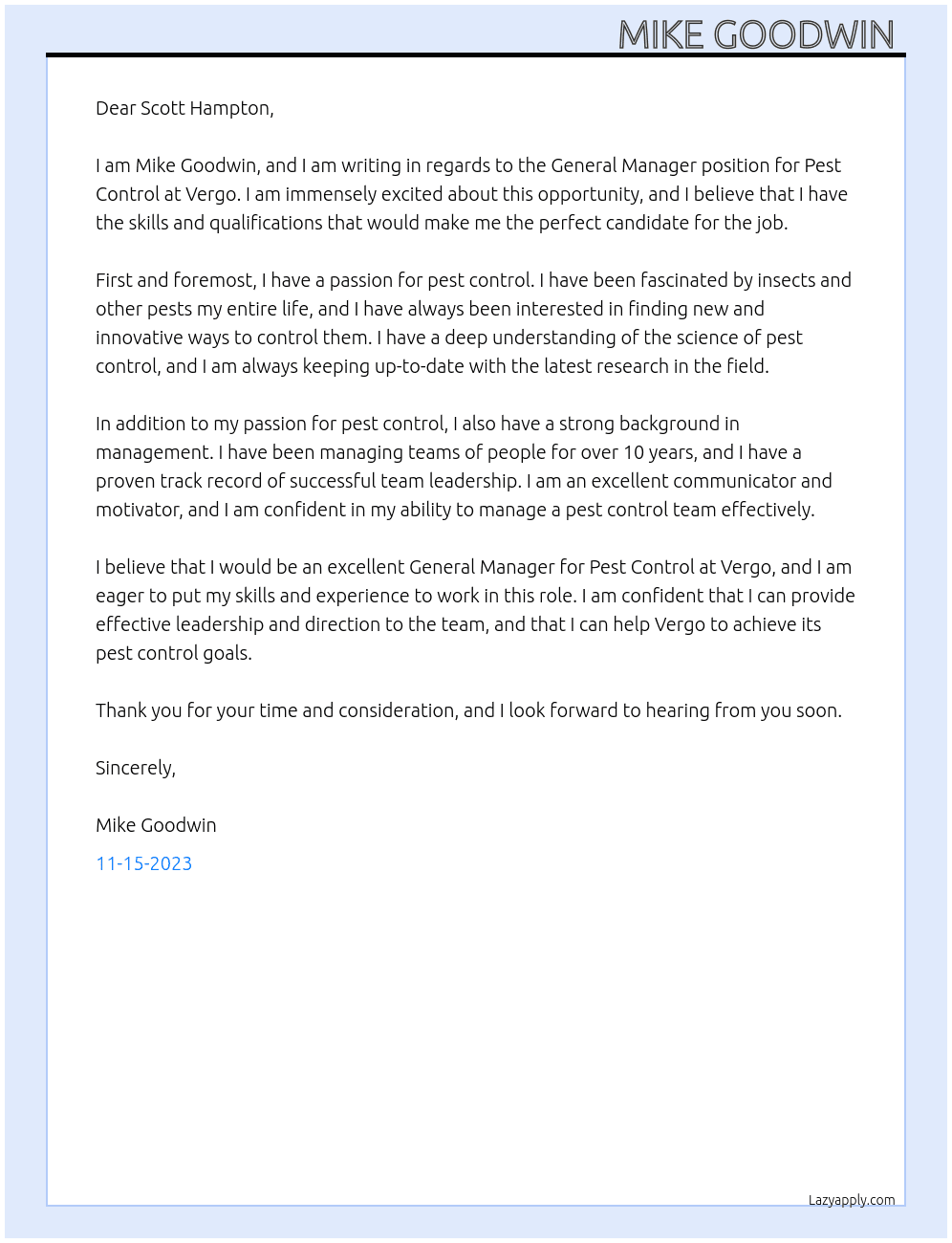 General Manager - Pest Control  At Vergo Cover Letter