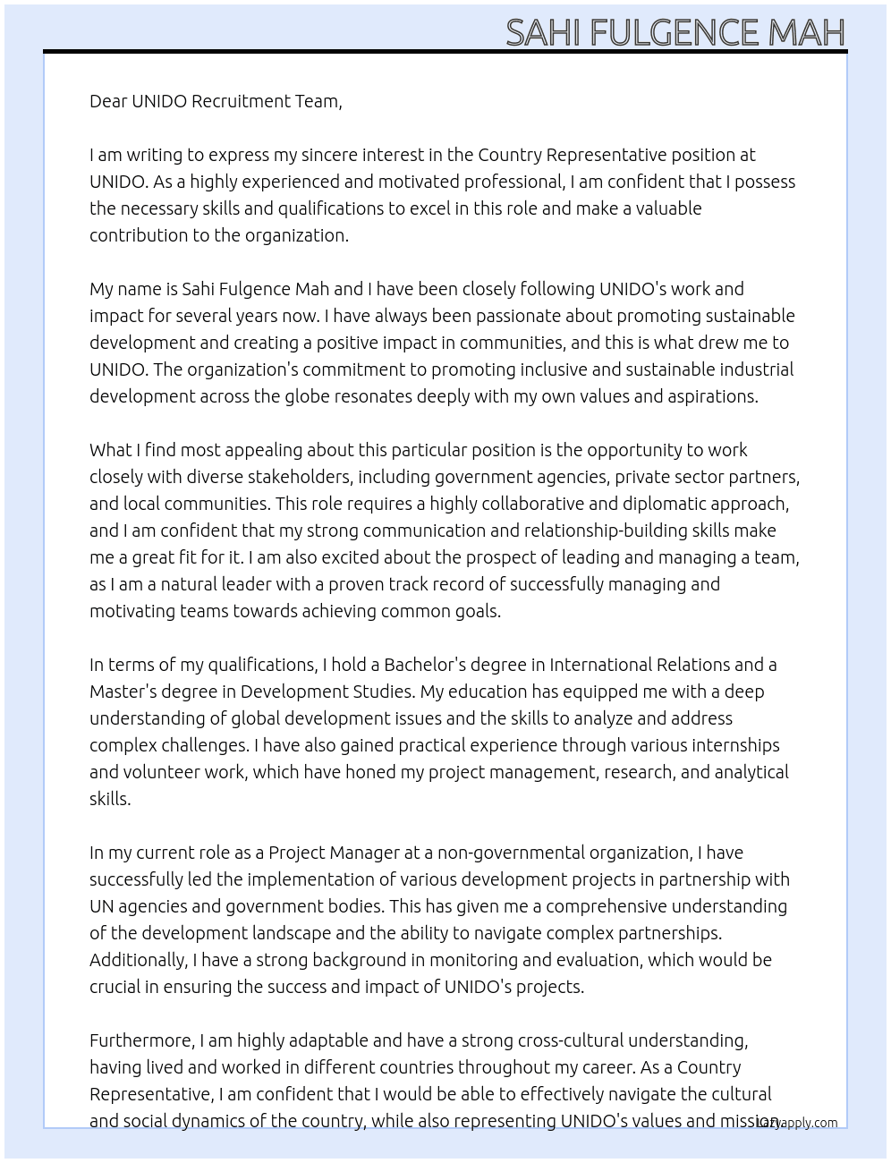 Country Representative At UNIDO Cover Letter