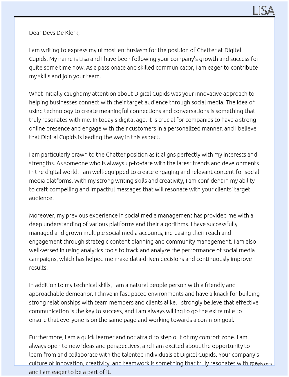 Chatter At Digital Cupids Cover Letter