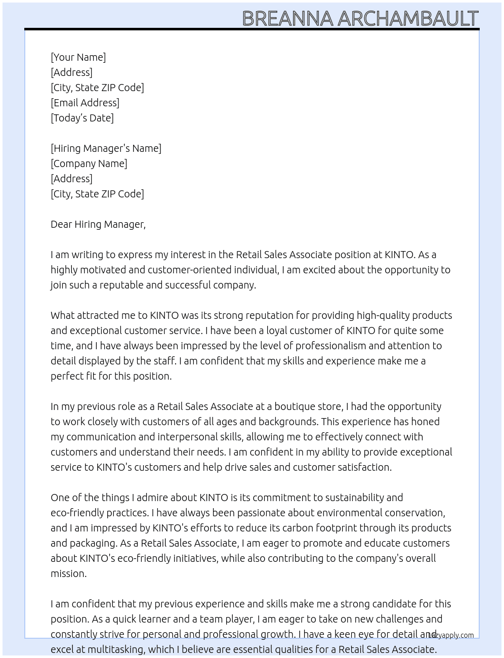 Retail Sales Associate  At KINTO  Cover Letter