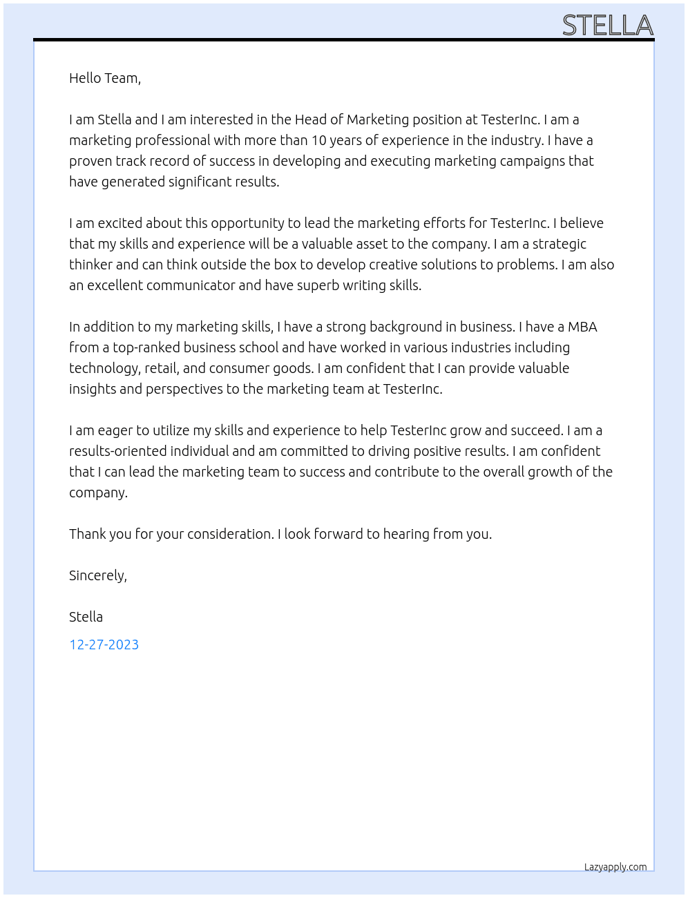Head of Marketing At TesterInc Cover Letter
