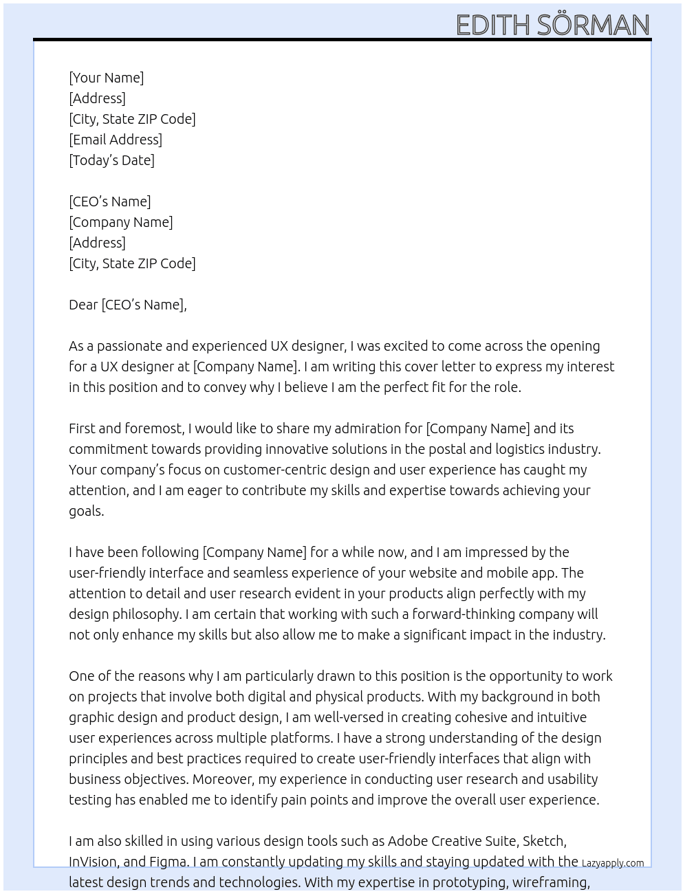UX designr At Postnord Cover Letter