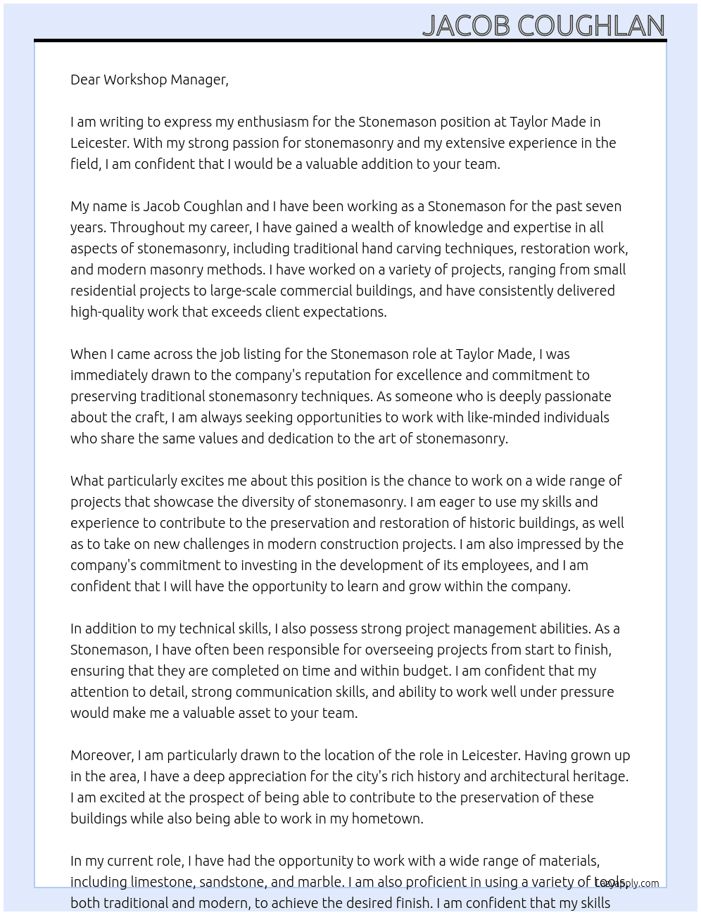 Stonemason  At Taylor made  Cover Letter
