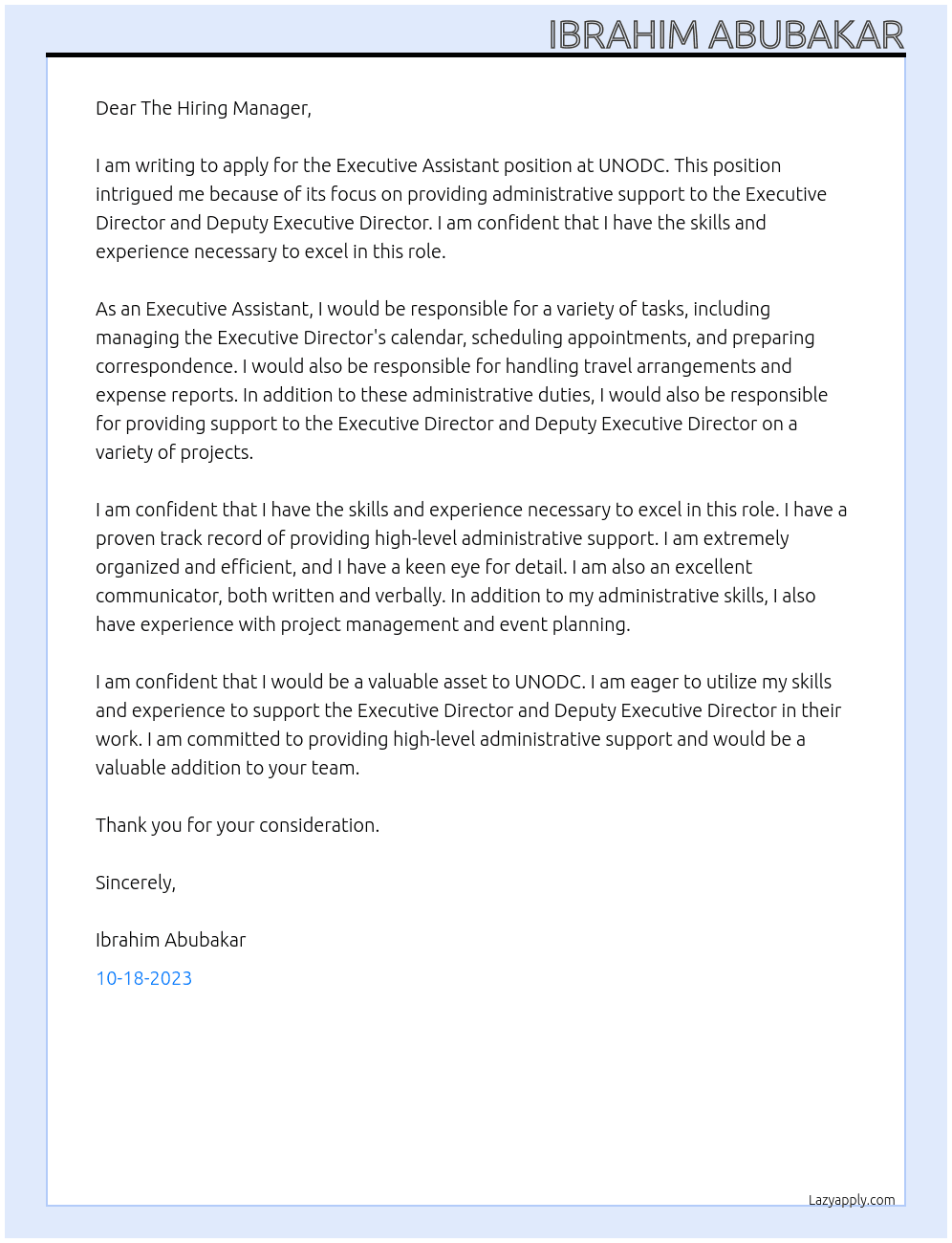 Executive Assistant  At UNODC Cover Letter