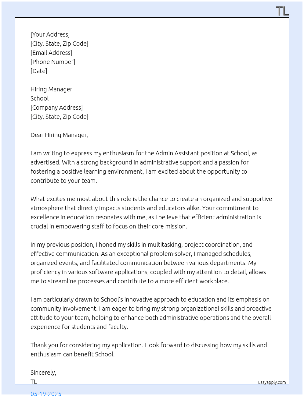Cover letter for admin assitant - LazyApply