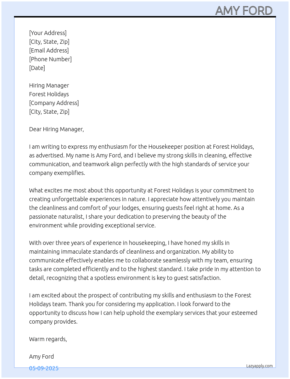 Housekeeper  At Forest holidays  Cover Letter