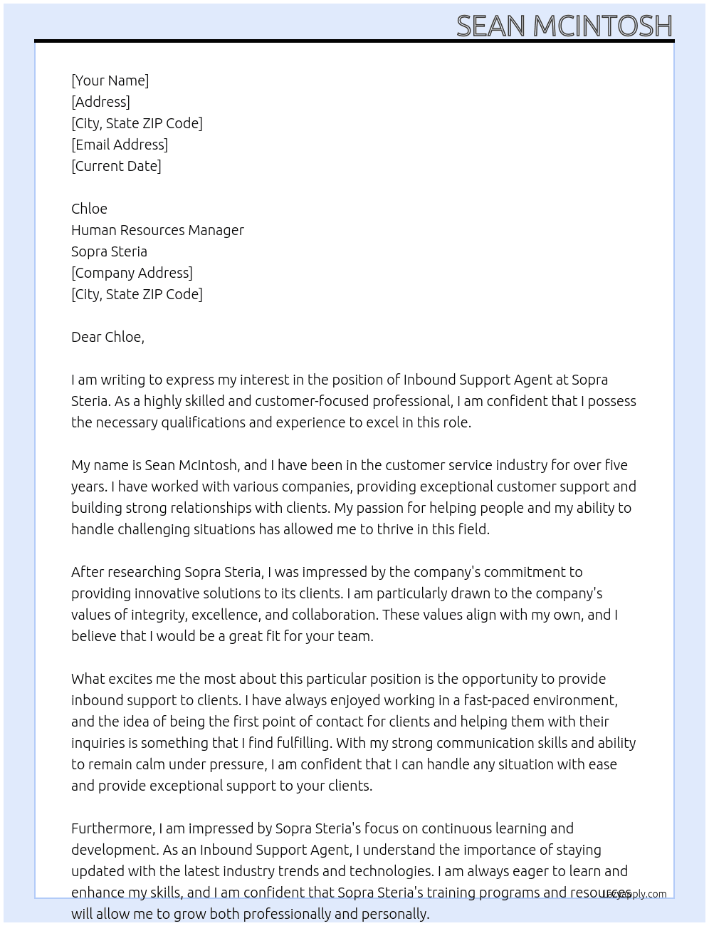Inbound support agent At Sopra Steria Cover Letter