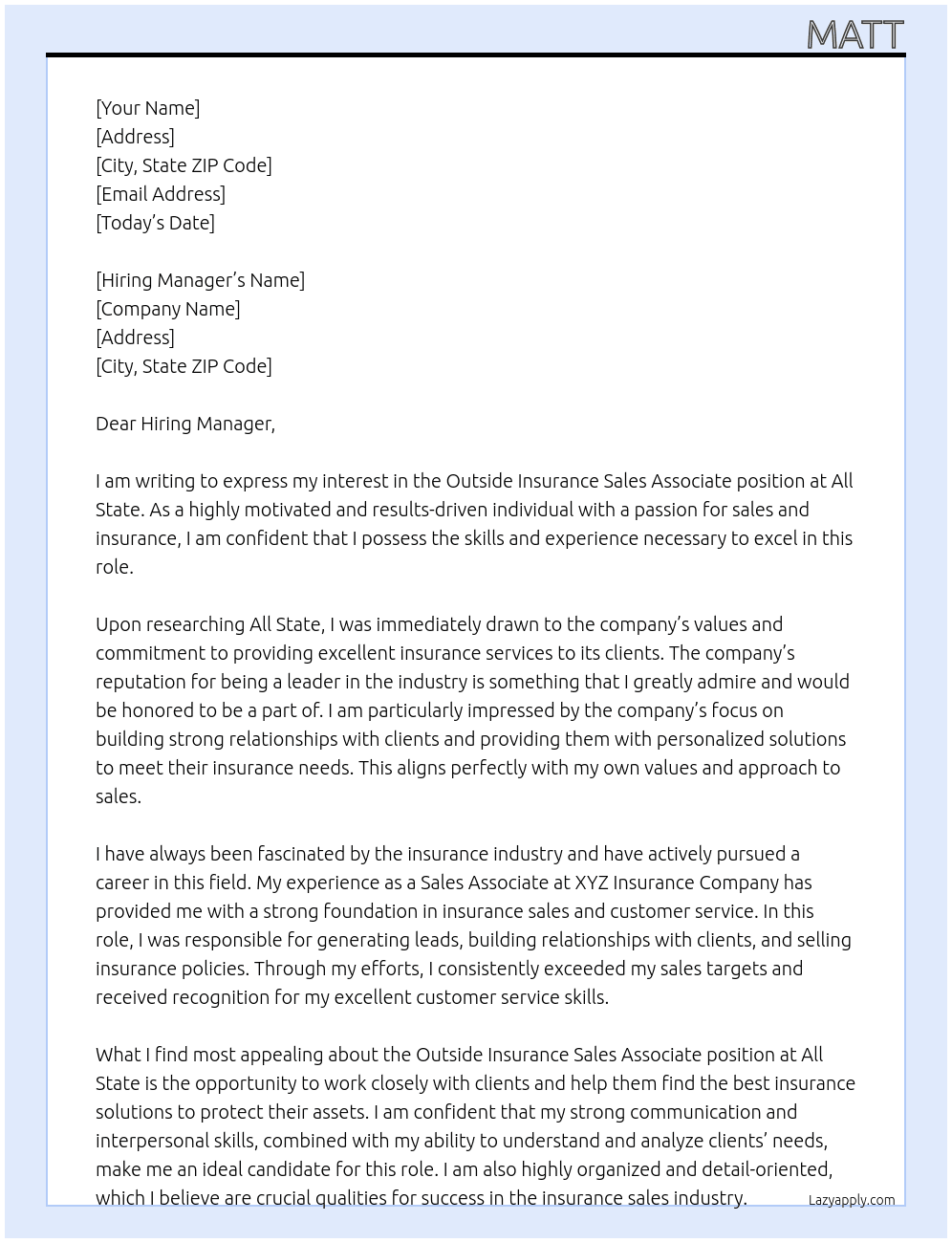 Outside Insurance Sales Associate At All State Cover Letter