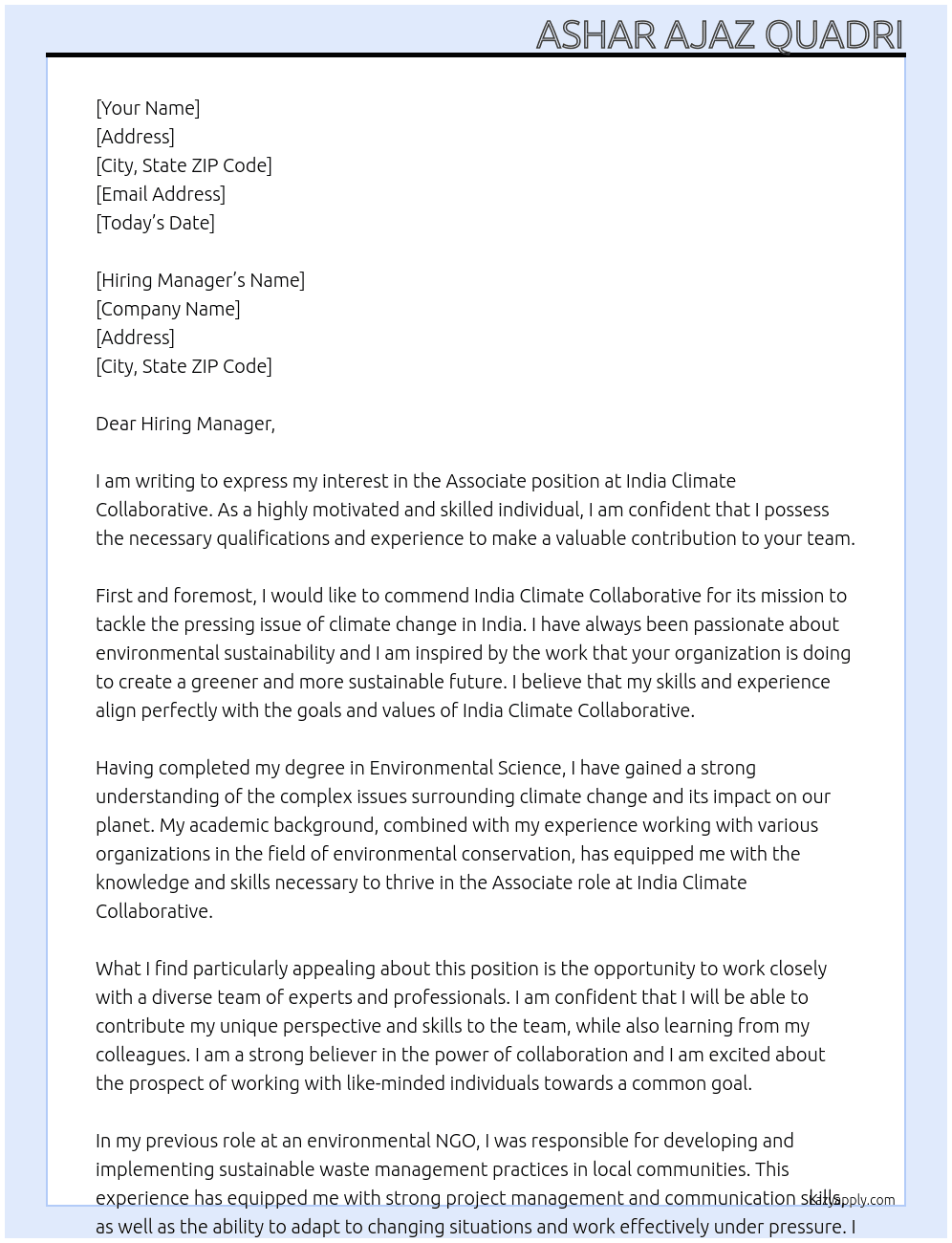 Associate At India Climate Collaborative Cover Letter