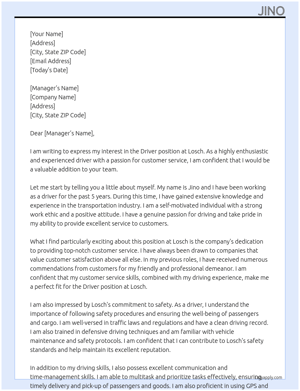 Driver At Losch Cover Letter