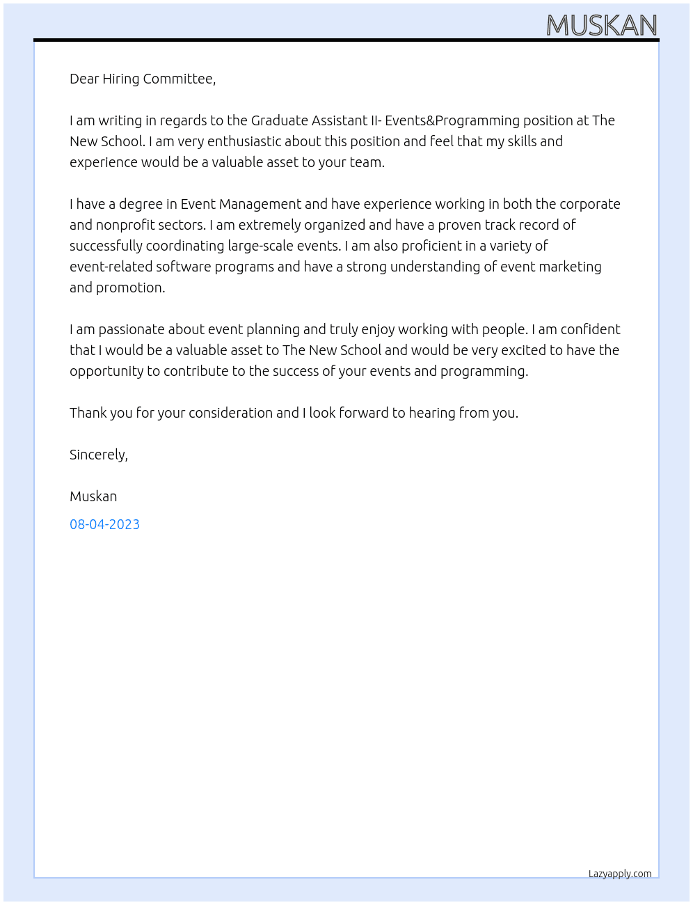 Graduate Assistant II- Events&Programming At The New School Cover Letter