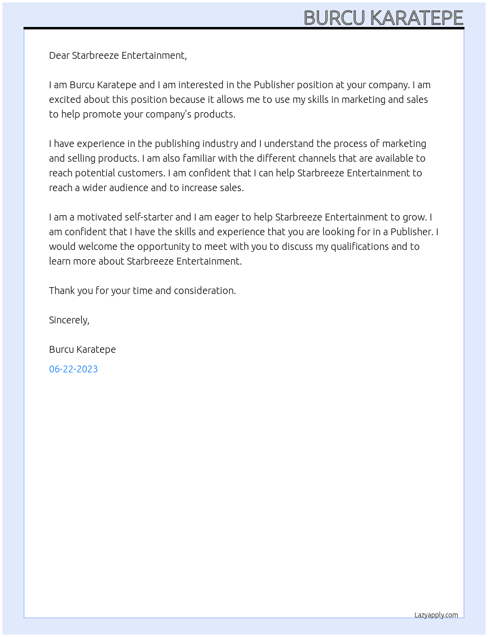 Publisher At  Starbreeze Entertainment Cover Letter