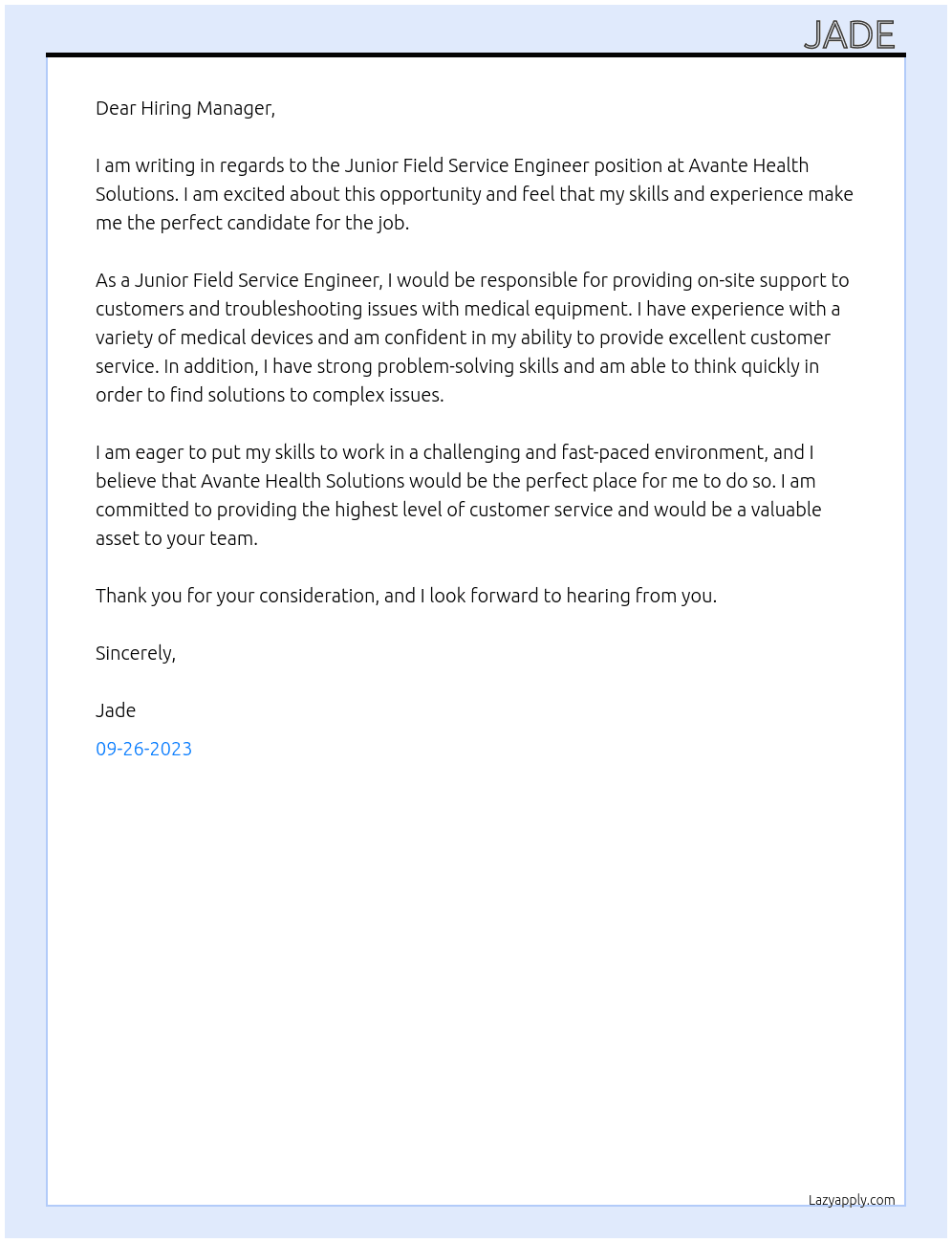 Junior Field Service Engineer  At Avante Health Solutions Cover Letter