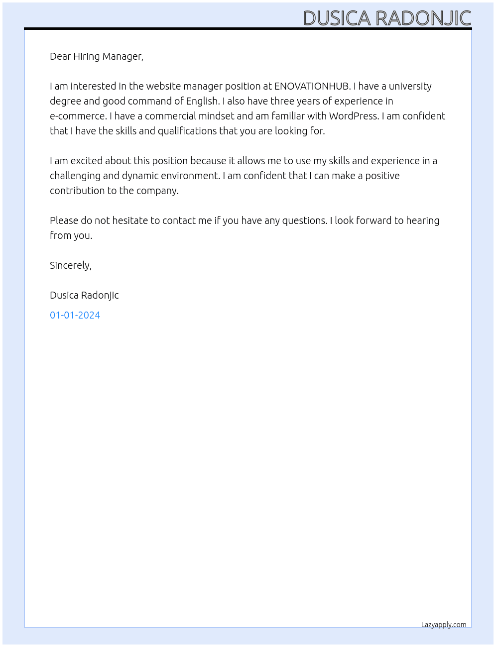 Website Manager At ENOVATIONHUB Cover Letter