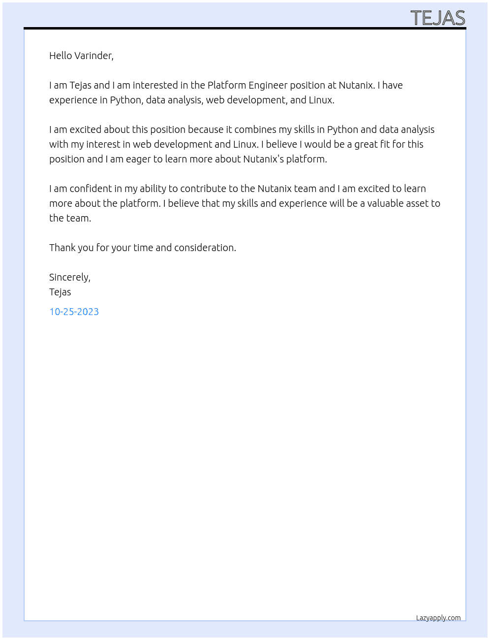 Platform Engineer  At Nutanix Cover Letter