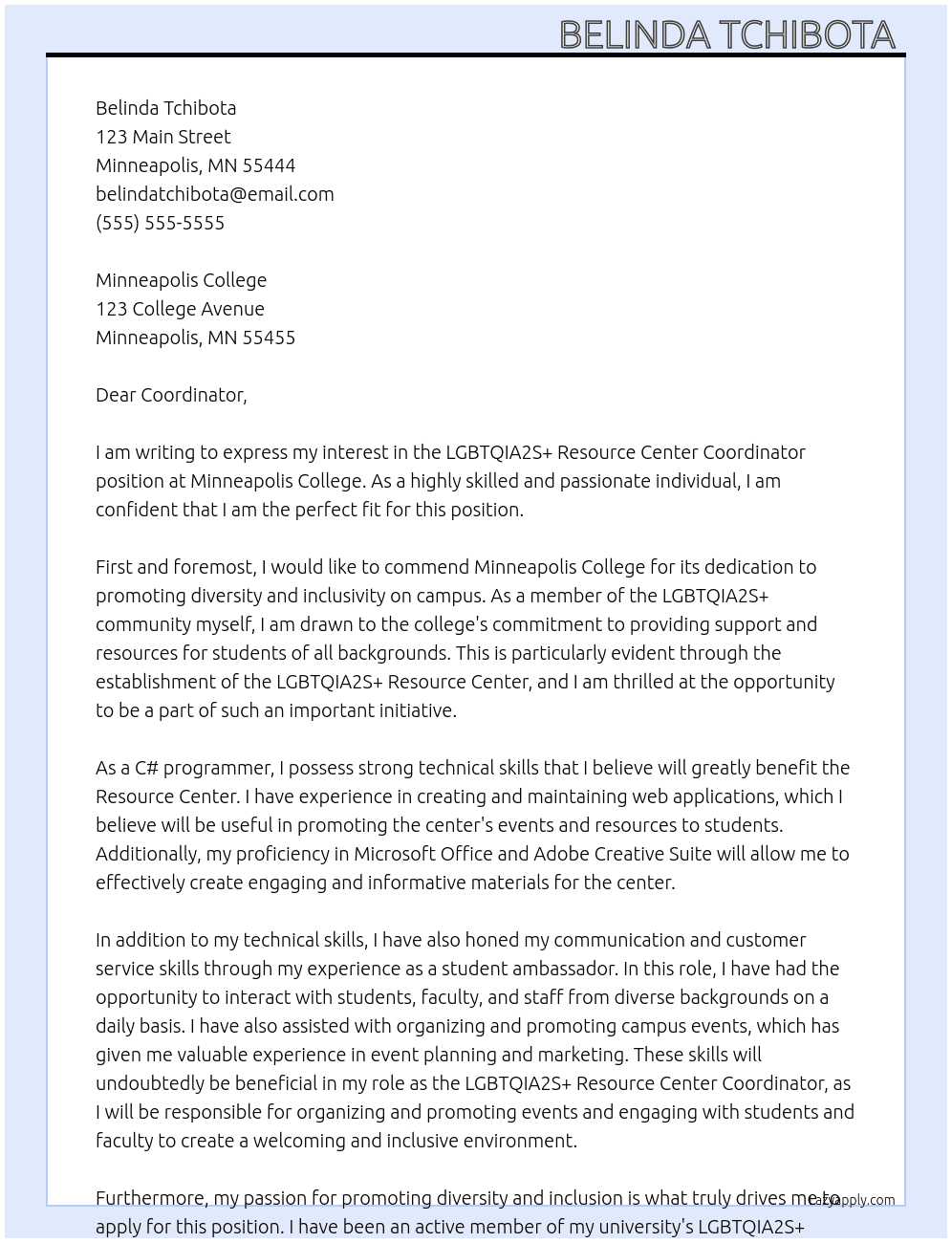 LGBTQIA2S+ Resource Center  At Minneapolis College  Cover Letter