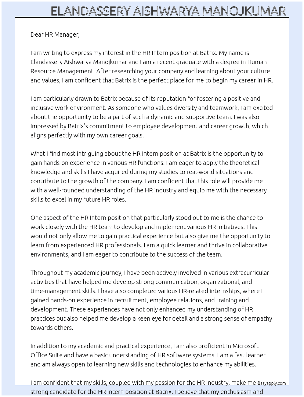 Hr intern At Batrix Cover Letter