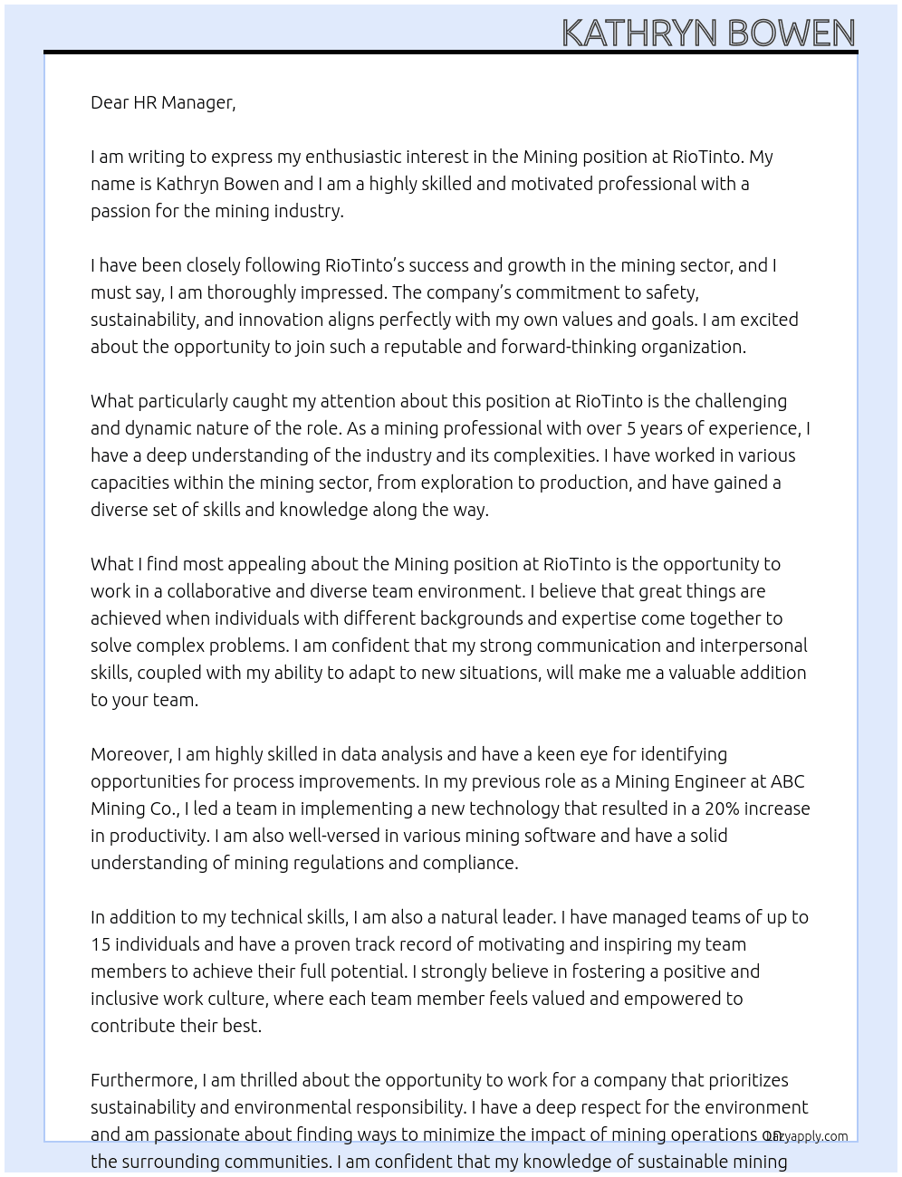 Mining At RioTinto Cover Letter